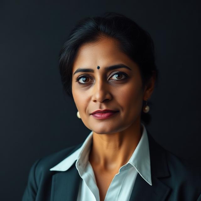 Meera Iyer — AI interviewer persona portrait